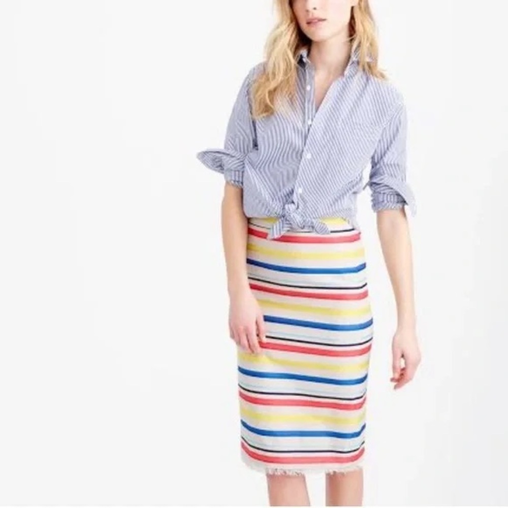 J.Crew The Pencil Skirt Colorful Jacquard Striped Fringe Hem Size 4P